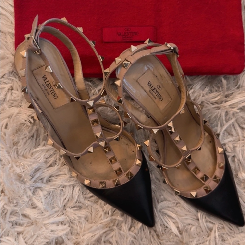 Valentino Black and Cream Rockstud Heels